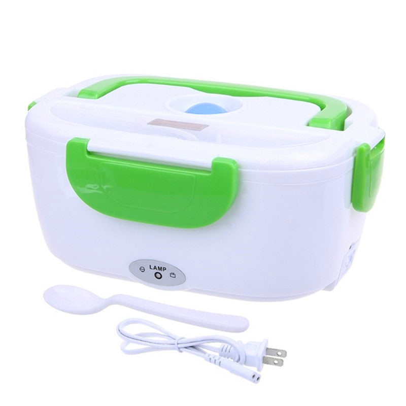 Heated Lunch Box showing lid, liner, and dish grid | Green