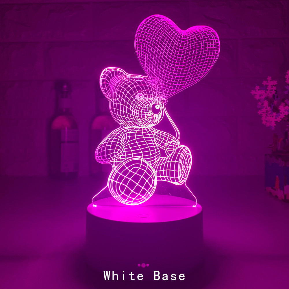 3D LED Night Lamp with Teddy Bear Design | White Base