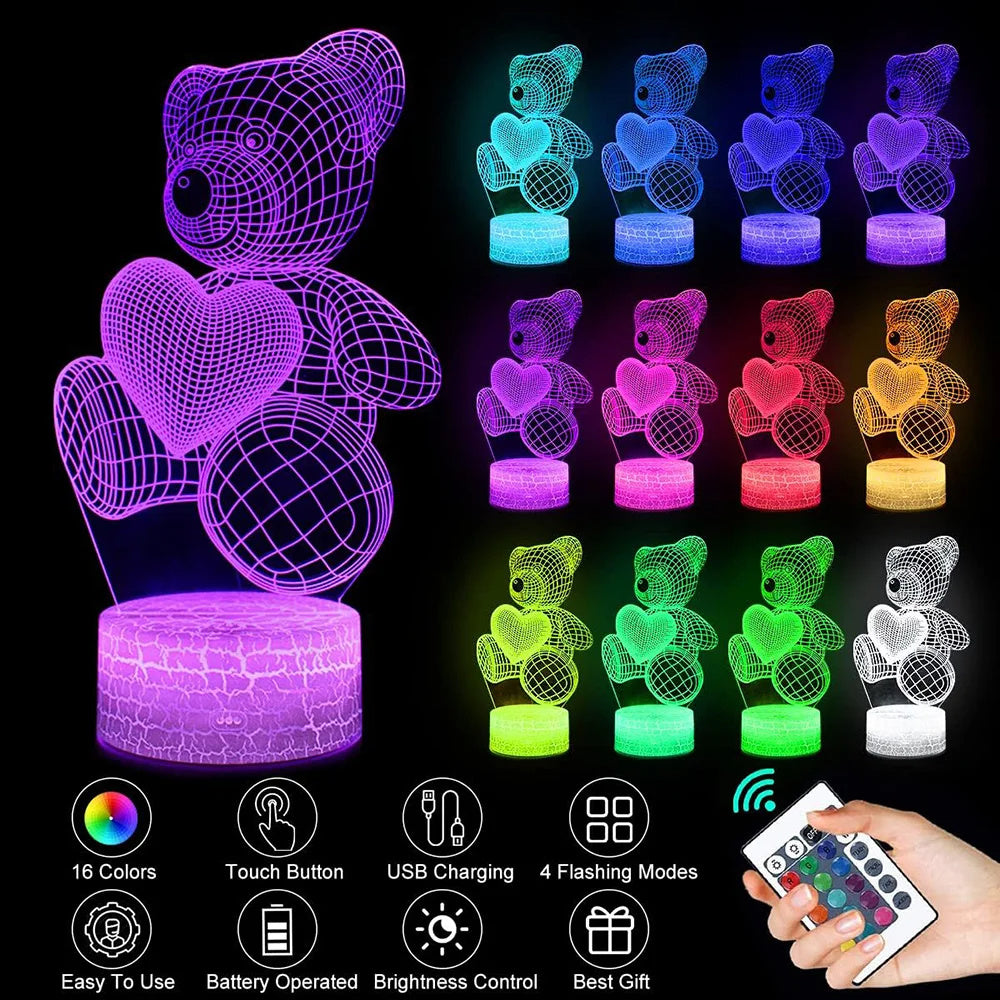 3D LED Night Lamp with Teddy Bear Design